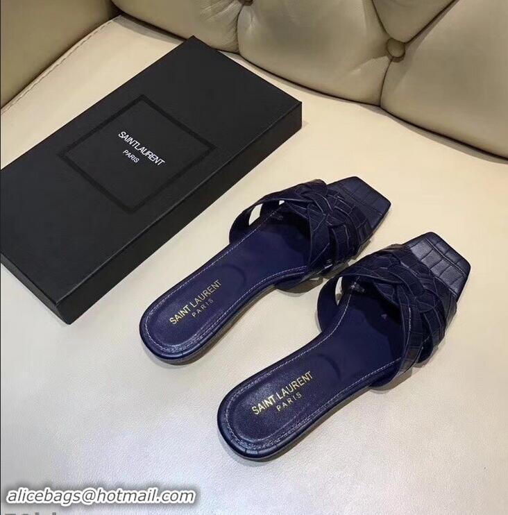 Popular Style Saint Laurent Slide Sandal In Crocodile Textured With Intertwining Straps Y83802 Dark Blue