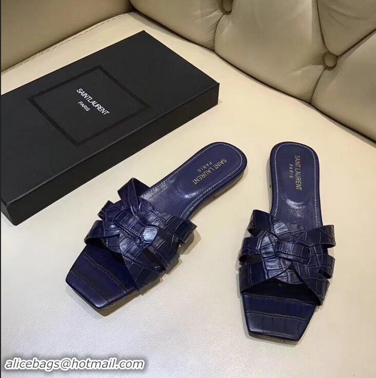 Popular Style Saint Laurent Slide Sandal In Crocodile Textured With Intertwining Straps Y83802 Dark Blue