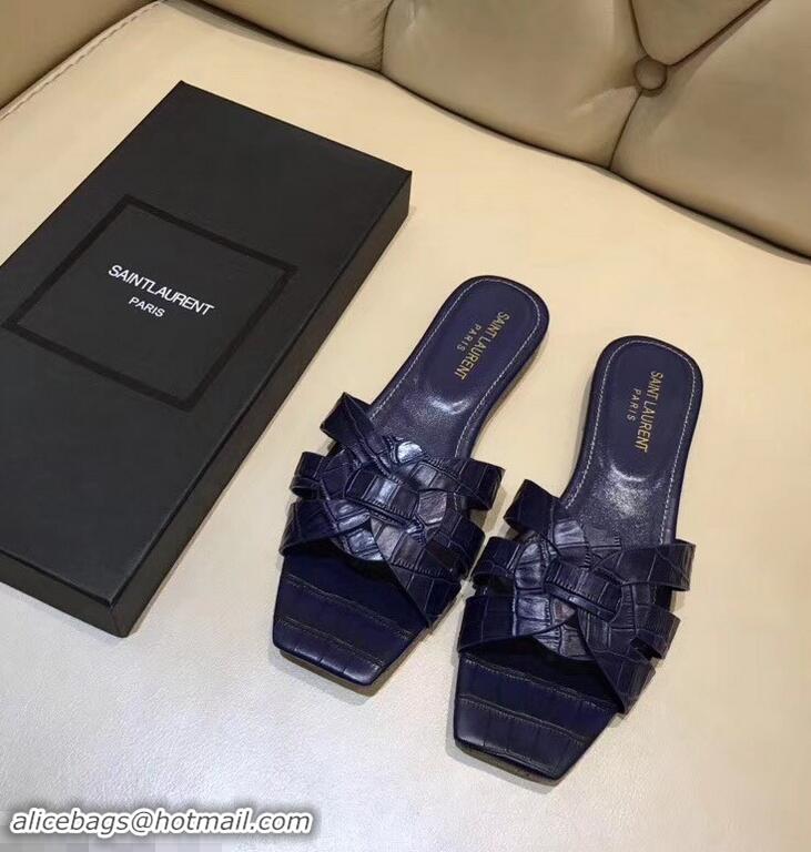 Popular Style Saint Laurent Slide Sandal In Crocodile Textured With Intertwining Straps Y83802 Dark Blue