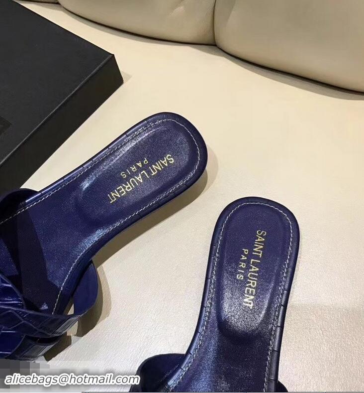 Popular Style Saint Laurent Slide Sandal In Crocodile Textured With Intertwining Straps Y83802 Dark Blue