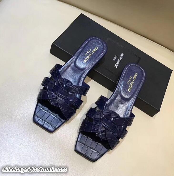 Popular Style Saint Laurent Slide Sandal In Crocodile Textured With Intertwining Straps Y83802 Dark Blue