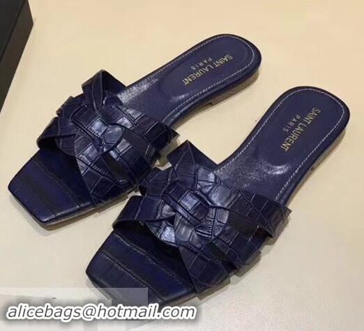 Popular Style Saint Laurent Slide Sandal In Crocodile Textured With Intertwining Straps Y83802 Dark Blue