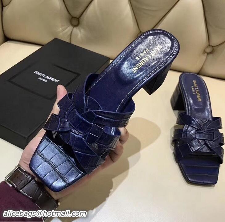 Duplicate Saint Laurent Heel Slide Sandal In Crocodile Textured With Intertwining Straps Y83804 Dark Blue