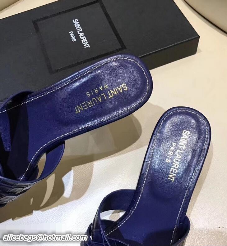 Duplicate Saint Laurent Heel Slide Sandal In Crocodile Textured With Intertwining Straps Y83804 Dark Blue