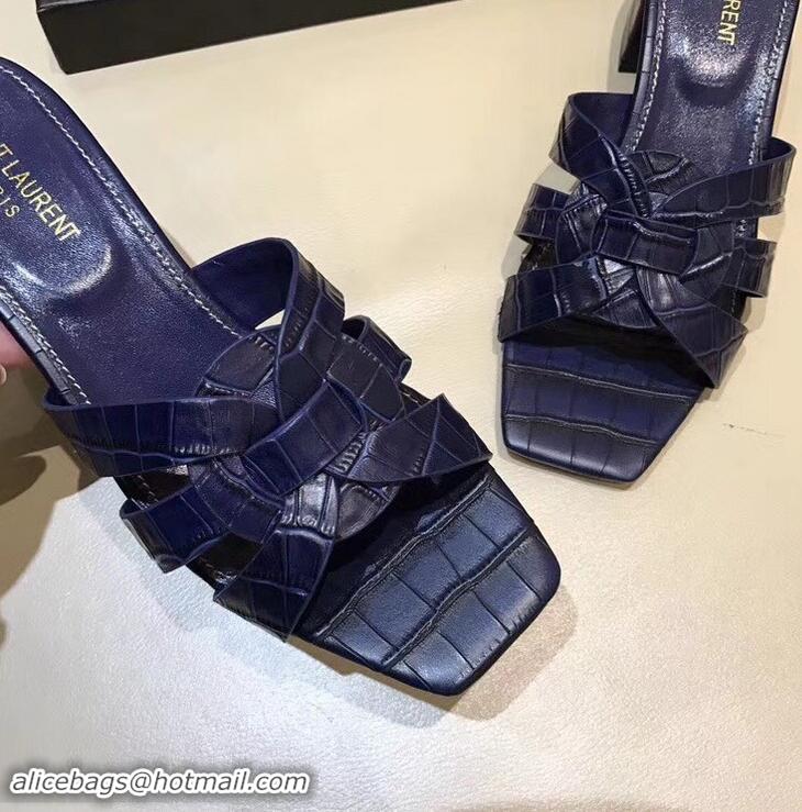 Duplicate Saint Laurent Heel Slide Sandal In Crocodile Textured With Intertwining Straps Y83804 Dark Blue