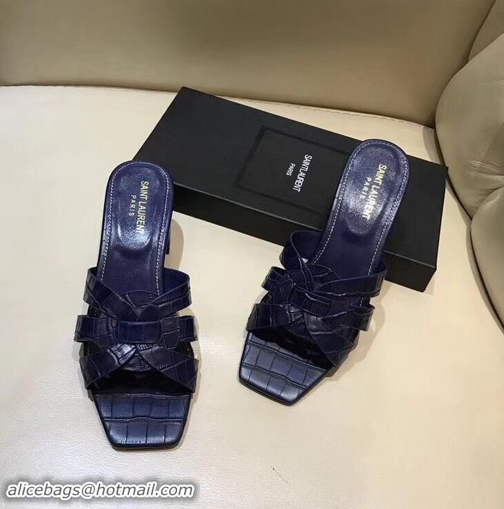 Duplicate Saint Laurent Heel Slide Sandal In Crocodile Textured With Intertwining Straps Y83804 Dark Blue