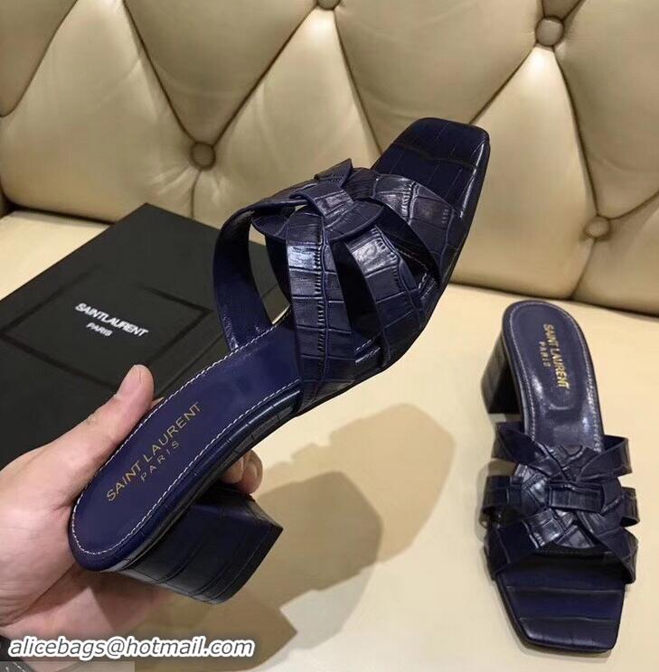 Duplicate Saint Laurent Heel Slide Sandal In Crocodile Textured With Intertwining Straps Y83804 Dark Blue