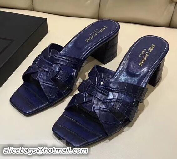 Duplicate Saint Laurent Heel Slide Sandal In Crocodile Textured With Intertwining Straps Y83804 Dark Blue