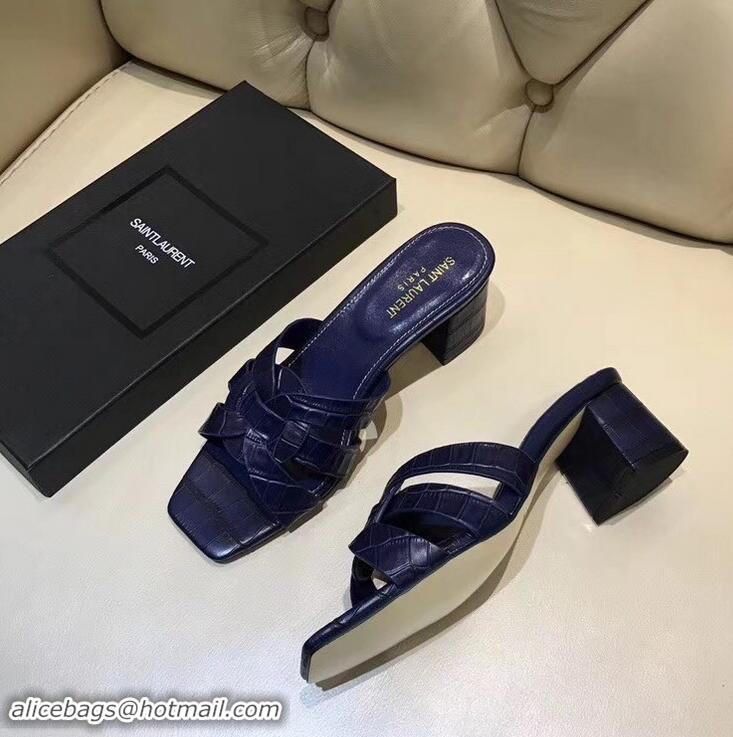 Duplicate Saint Laurent Heel Slide Sandal In Crocodile Textured With Intertwining Straps Y83804 Dark Blue