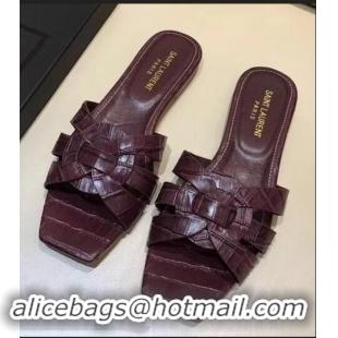 Reproduction Saint Laurent Slide Sandal In Crocodile Textured With Intertwining Straps Y83804 Burgundy