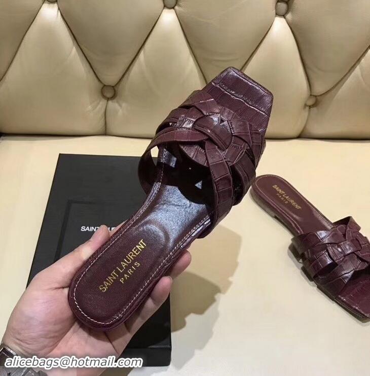 Reproduction Saint Laurent Slide Sandal In Crocodile Textured With Intertwining Straps Y83804 Burgundy