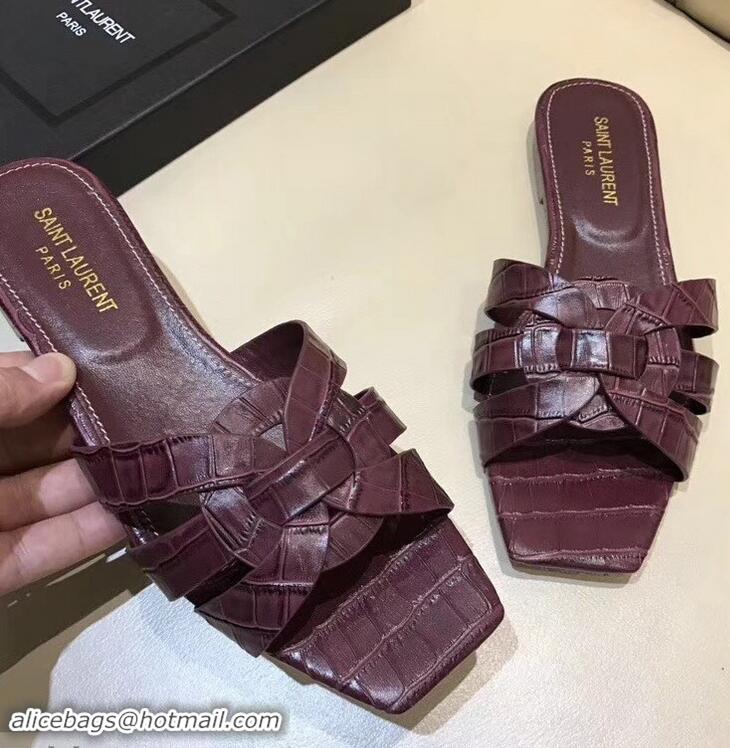 Reproduction Saint Laurent Slide Sandal In Crocodile Textured With Intertwining Straps Y83804 Burgundy