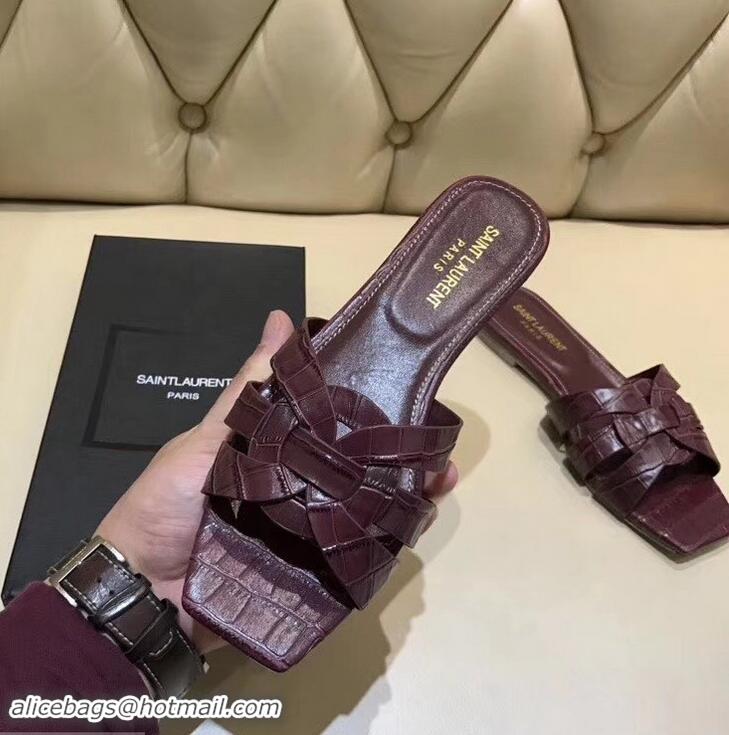 Reproduction Saint Laurent Slide Sandal In Crocodile Textured With Intertwining Straps Y83804 Burgundy