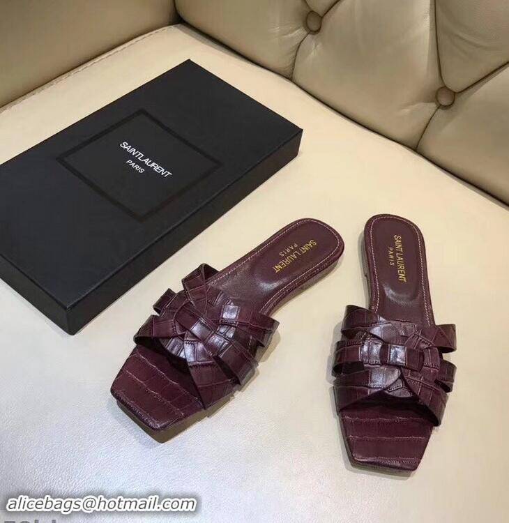 Reproduction Saint Laurent Slide Sandal In Crocodile Textured With Intertwining Straps Y83804 Burgundy