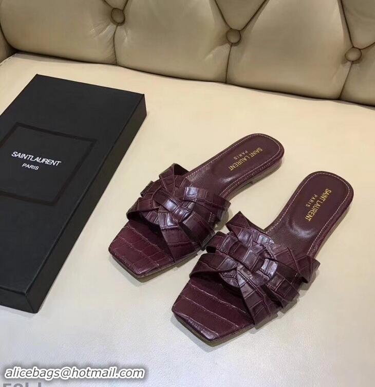 Reproduction Saint Laurent Slide Sandal In Crocodile Textured With Intertwining Straps Y83804 Burgundy