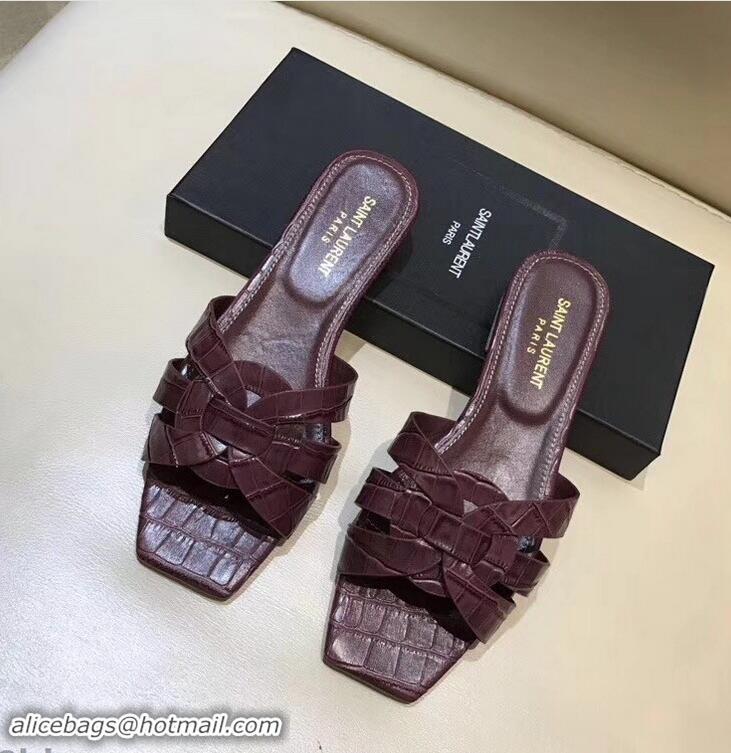 Reproduction Saint Laurent Slide Sandal In Crocodile Textured With Intertwining Straps Y83804 Burgundy