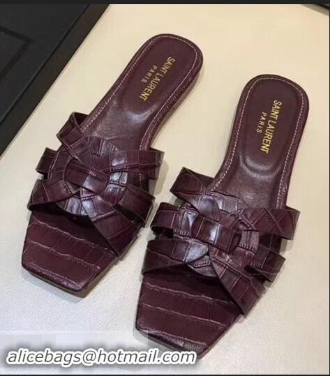 Reproduction Saint Laurent Slide Sandal In Crocodile Textured With Intertwining Straps Y83804 Burgundy