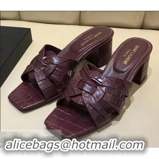 Faux Saint Laurent Heel Slide Sandal In Crocodile Textured With Intertwining Straps Y83805 Burgundy