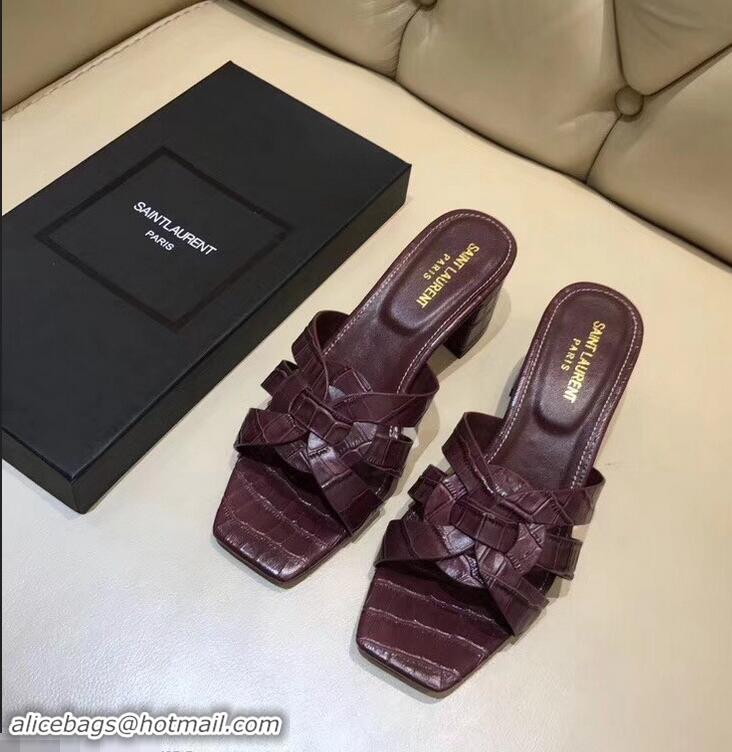 Faux Saint Laurent Heel Slide Sandal In Crocodile Textured With Intertwining Straps Y83805 Burgundy