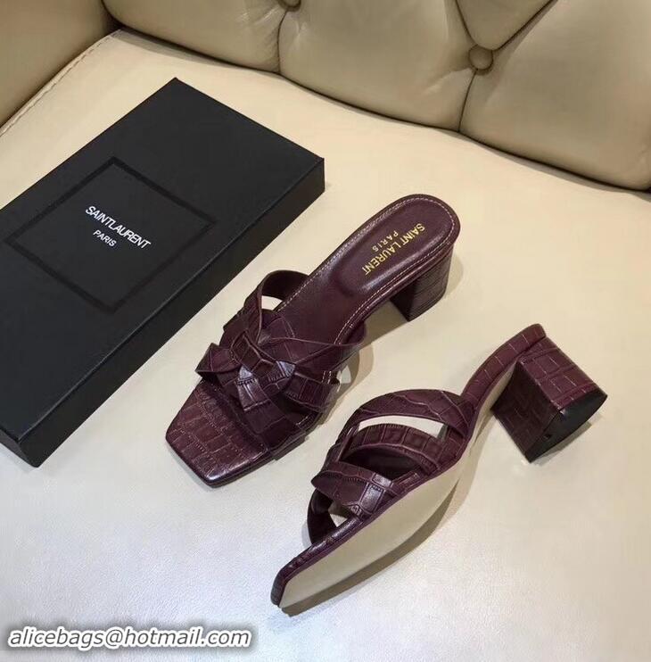 Faux Saint Laurent Heel Slide Sandal In Crocodile Textured With Intertwining Straps Y83805 Burgundy