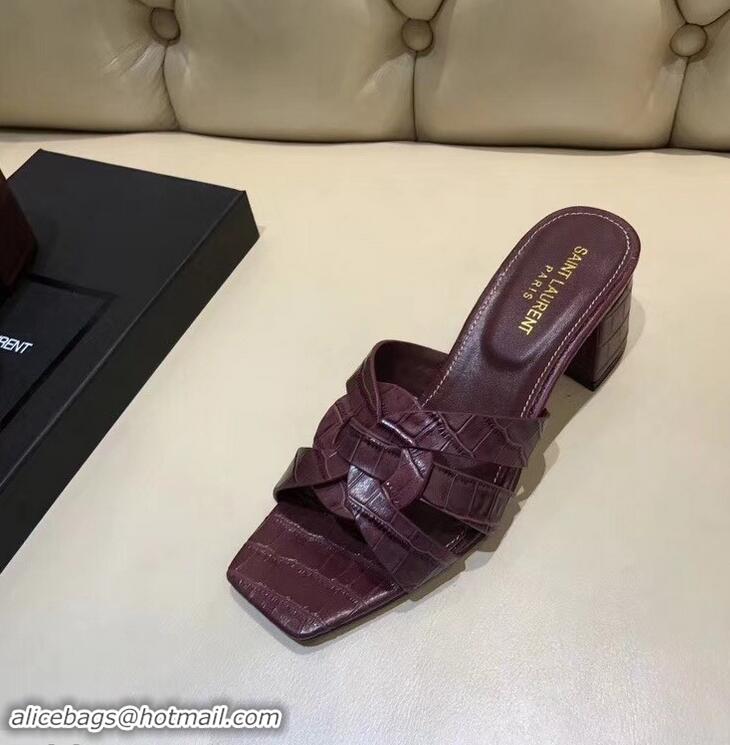 Faux Saint Laurent Heel Slide Sandal In Crocodile Textured With Intertwining Straps Y83805 Burgundy