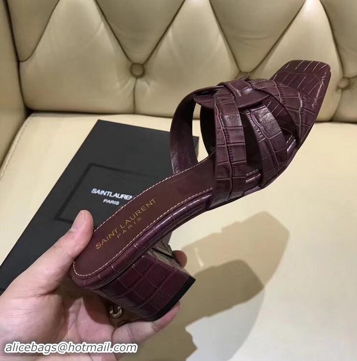 Faux Saint Laurent Heel Slide Sandal In Crocodile Textured With Intertwining Straps Y83805 Burgundy