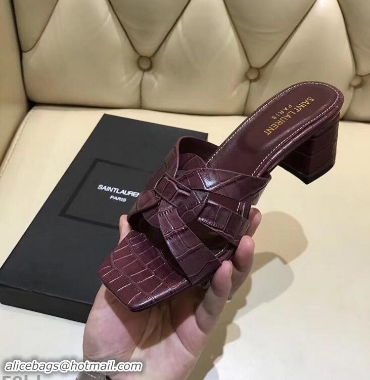 Faux Saint Laurent Heel Slide Sandal In Crocodile Textured With Intertwining Straps Y83805 Burgundy