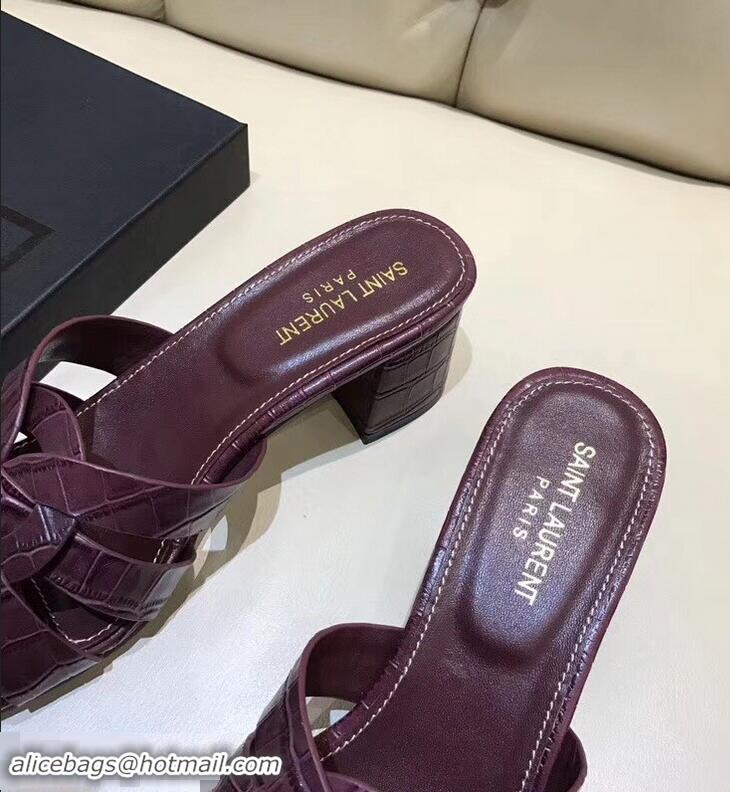 Faux Saint Laurent Heel Slide Sandal In Crocodile Textured With Intertwining Straps Y83805 Burgundy