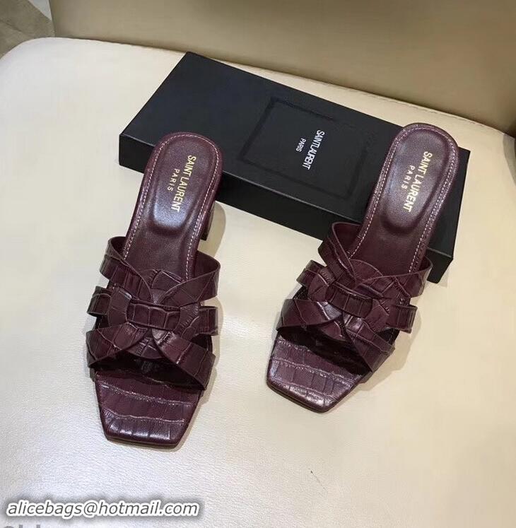 Faux Saint Laurent Heel Slide Sandal In Crocodile Textured With Intertwining Straps Y83805 Burgundy