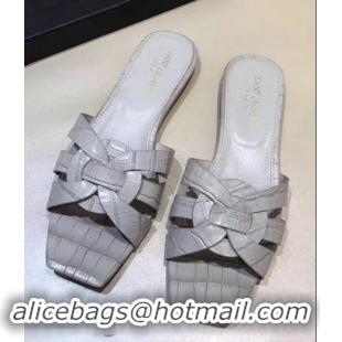 Imitation Saint Laurent Slide Sandal In Crocodile Textured With Intertwining Straps Y83806 Grey