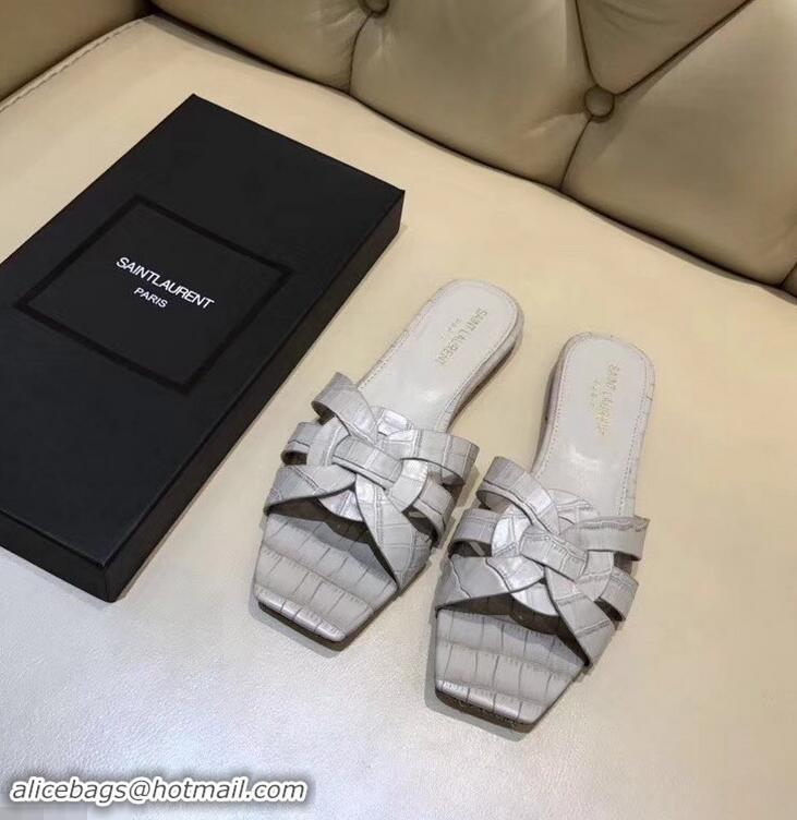 Imitation Saint Laurent Slide Sandal In Crocodile Textured With Intertwining Straps Y83806 Grey