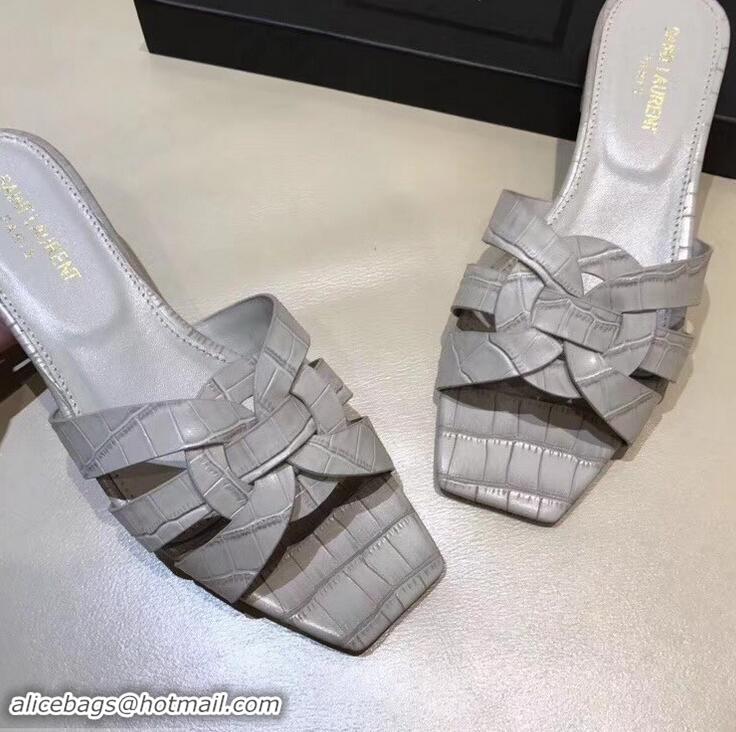 Imitation Saint Laurent Slide Sandal In Crocodile Textured With Intertwining Straps Y83806 Grey