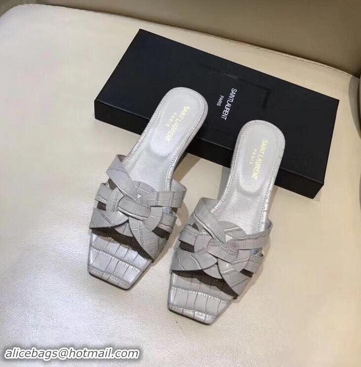 Imitation Saint Laurent Slide Sandal In Crocodile Textured With Intertwining Straps Y83806 Grey