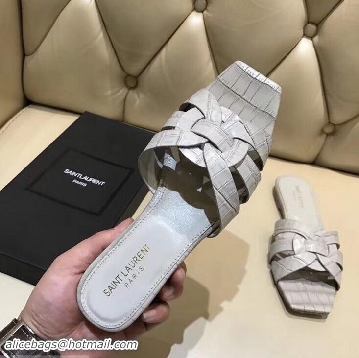 Imitation Saint Laurent Slide Sandal In Crocodile Textured With Intertwining Straps Y83806 Grey