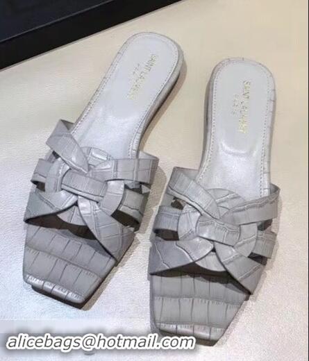 Imitation Saint Laurent Slide Sandal In Crocodile Textured With Intertwining Straps Y83806 Grey