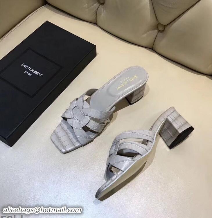 Shop Saint Laurent Heel Slide Sandal In Crocodile Textured With Intertwining Straps Y83807 Grey