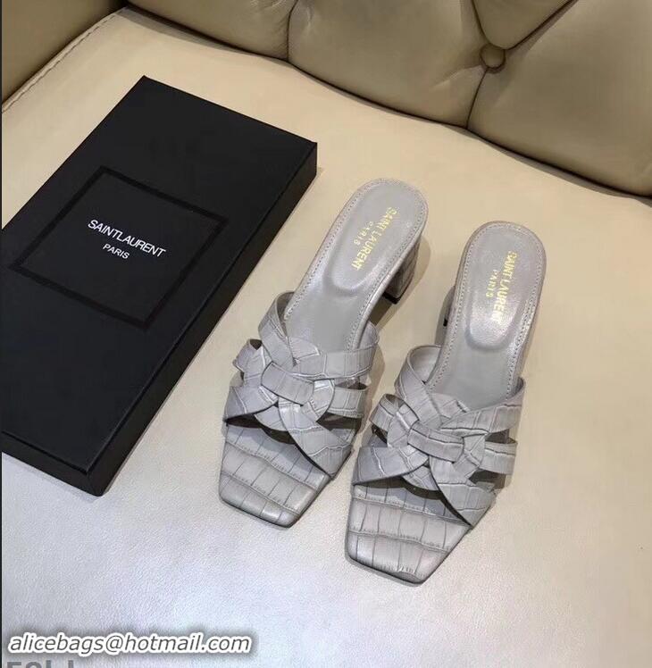 Shop Saint Laurent Heel Slide Sandal In Crocodile Textured With Intertwining Straps Y83807 Grey