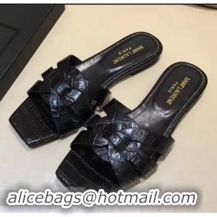 Cheapest Saint Laurent Slide Sandal In Crocodile Textured With Intertwining Straps Y83809 Black