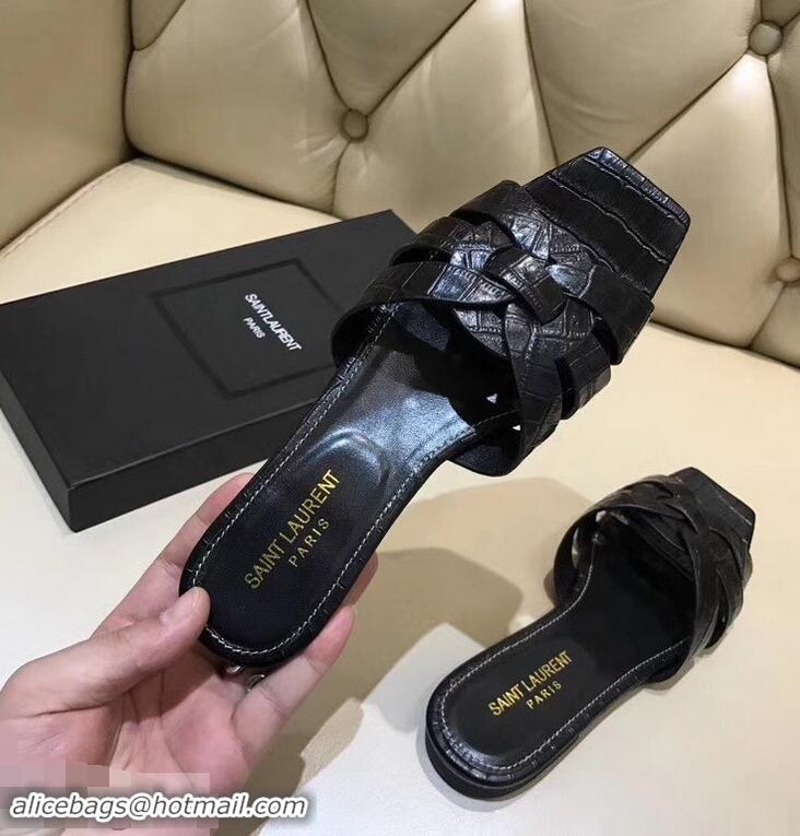 Cheapest Saint Laurent Slide Sandal In Crocodile Textured With Intertwining Straps Y83809 Black