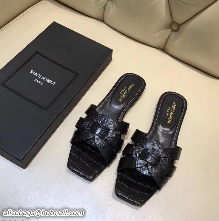 Cheapest Saint Laurent Slide Sandal In Crocodile Textured With Intertwining Straps Y83809 Black