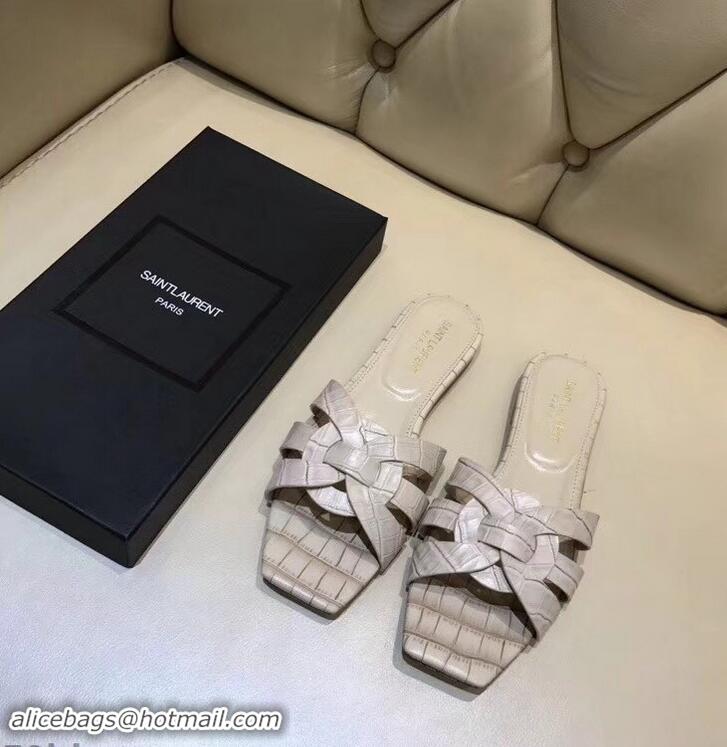 Good Cheap Saint Laurent Slide Sandal In Crocodile Textured With Intertwining Straps Y83811 Apricot