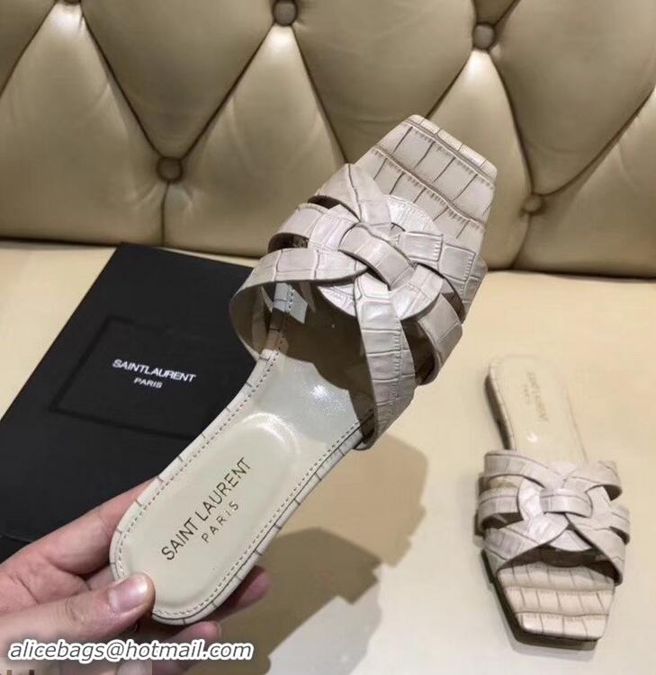 Good Cheap Saint Laurent Slide Sandal In Crocodile Textured With Intertwining Straps Y83811 Apricot