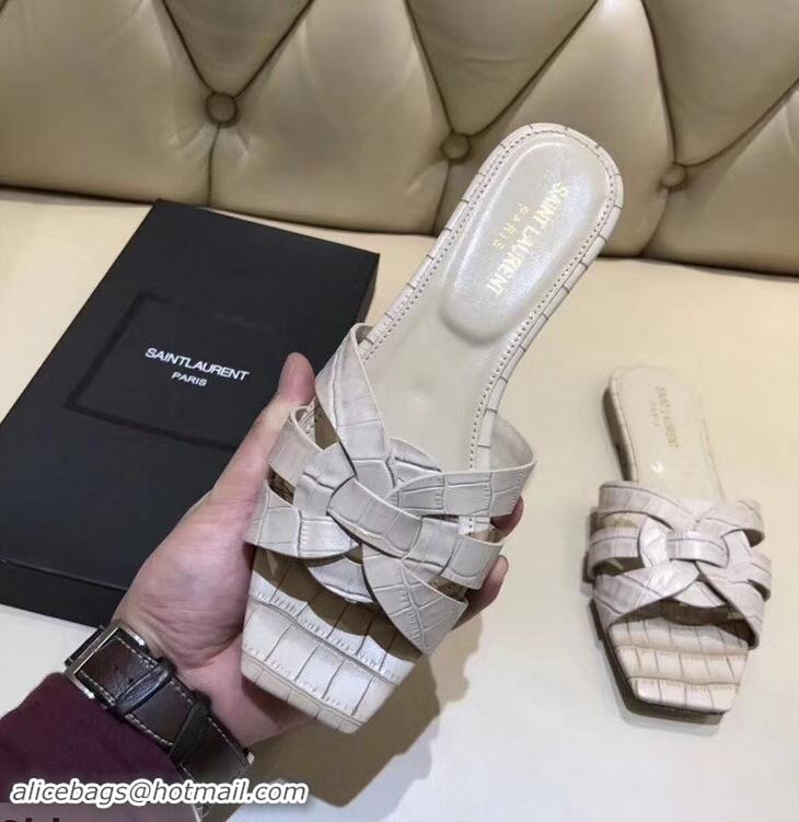 Good Cheap Saint Laurent Slide Sandal In Crocodile Textured With Intertwining Straps Y83811 Apricot