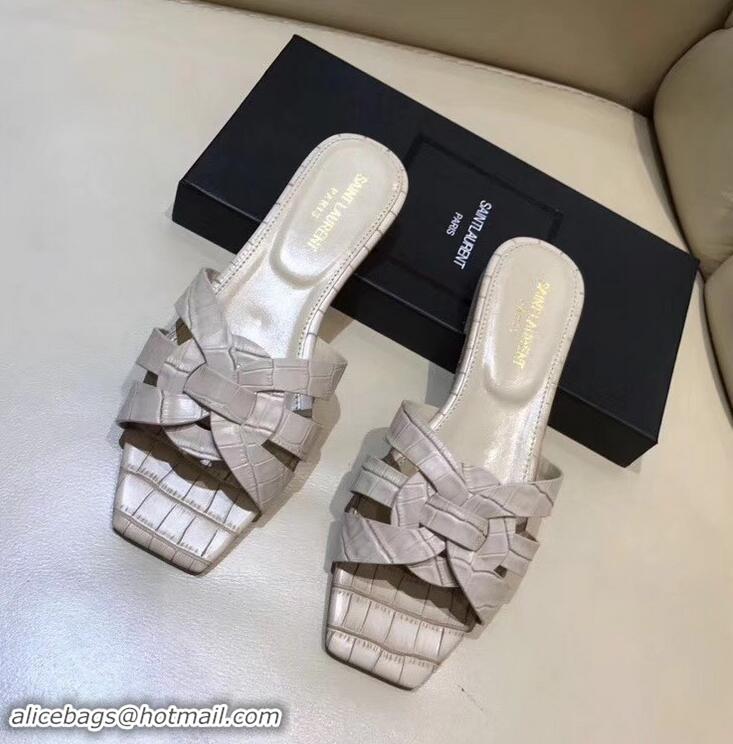 Good Cheap Saint Laurent Slide Sandal In Crocodile Textured With Intertwining Straps Y83811 Apricot