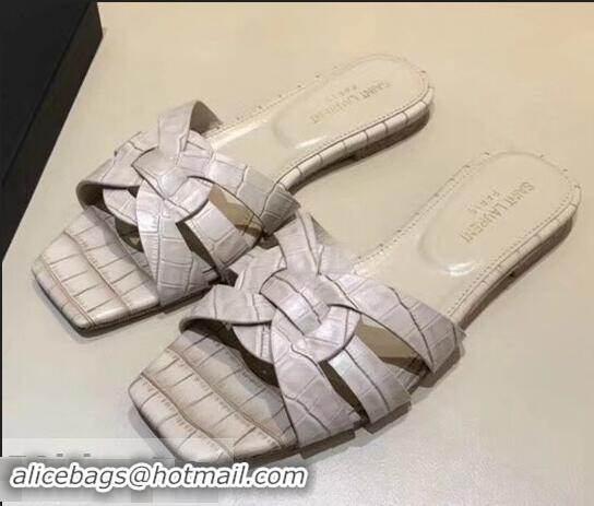 Good Cheap Saint Laurent Slide Sandal In Crocodile Textured With Intertwining Straps Y83811 Apricot