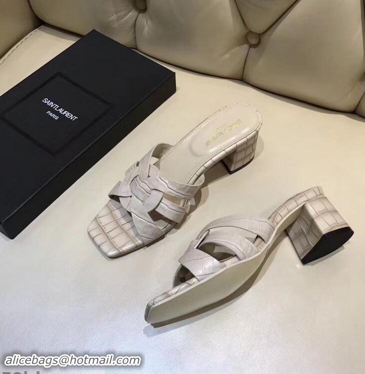 Luxury Discount Saint Laurent Heel Slide Sandal In Crocodile Textured With Intertwining Straps Y83812 Apricot