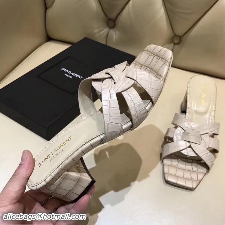 Luxury Discount Saint Laurent Heel Slide Sandal In Crocodile Textured With Intertwining Straps Y83812 Apricot