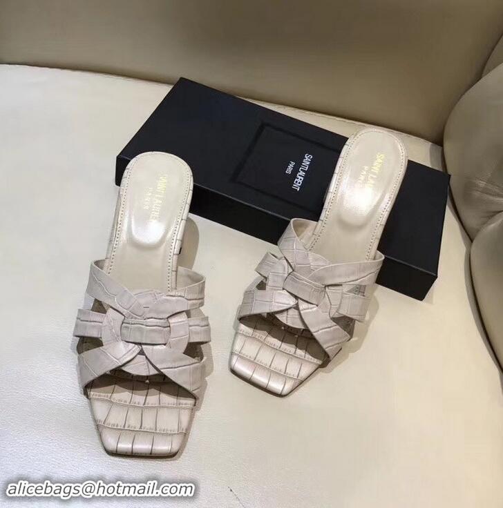 Luxury Discount Saint Laurent Heel Slide Sandal In Crocodile Textured With Intertwining Straps Y83812 Apricot