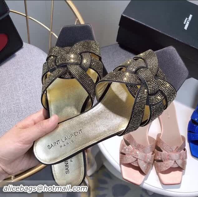 Best Product Saint Laurent Nu Pieds Flat Slide Sandal with Crystal Y84004 Gold/Black