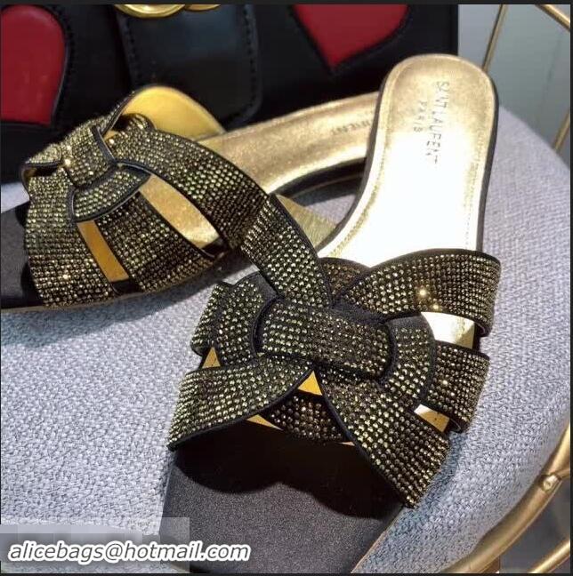 Best Product Saint Laurent Nu Pieds Flat Slide Sandal with Crystal Y84004 Gold/Black